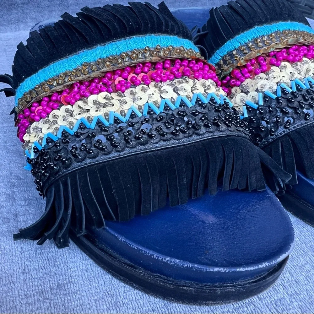 Tory Burch Isle Slides Women 8.5 Slip On Shoes Beaded Fringe Sequin Sandals
